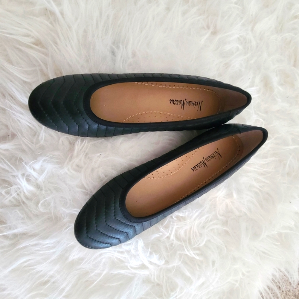 Neiman Marcus Black Quilted Round-Toe Leather Flats